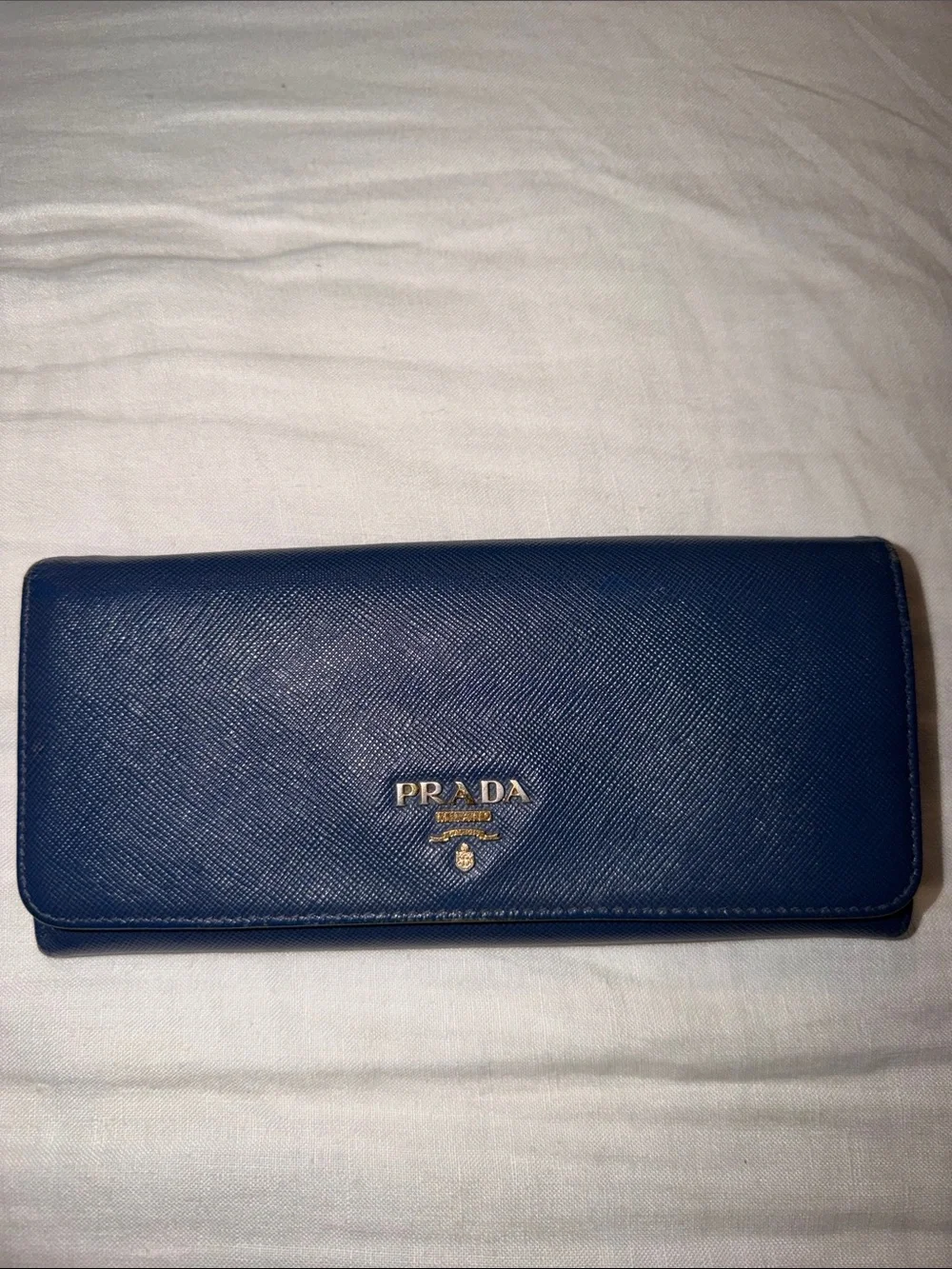 Prada Navy Saffiano Leather Continental Wallet with Gold Logo